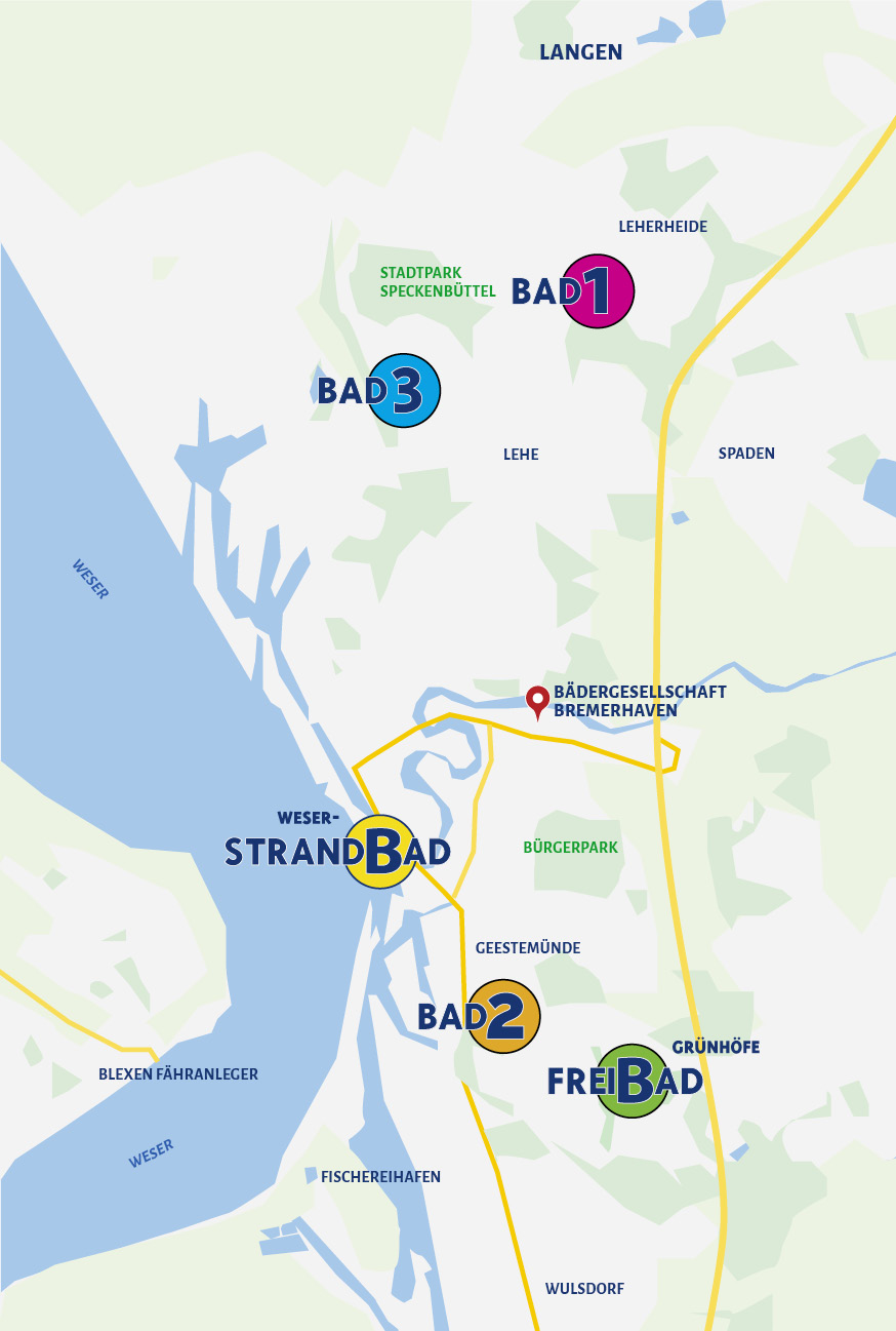Schematische Bremerhaven-Karte mit den eingezeichneten Bäder-Standorten